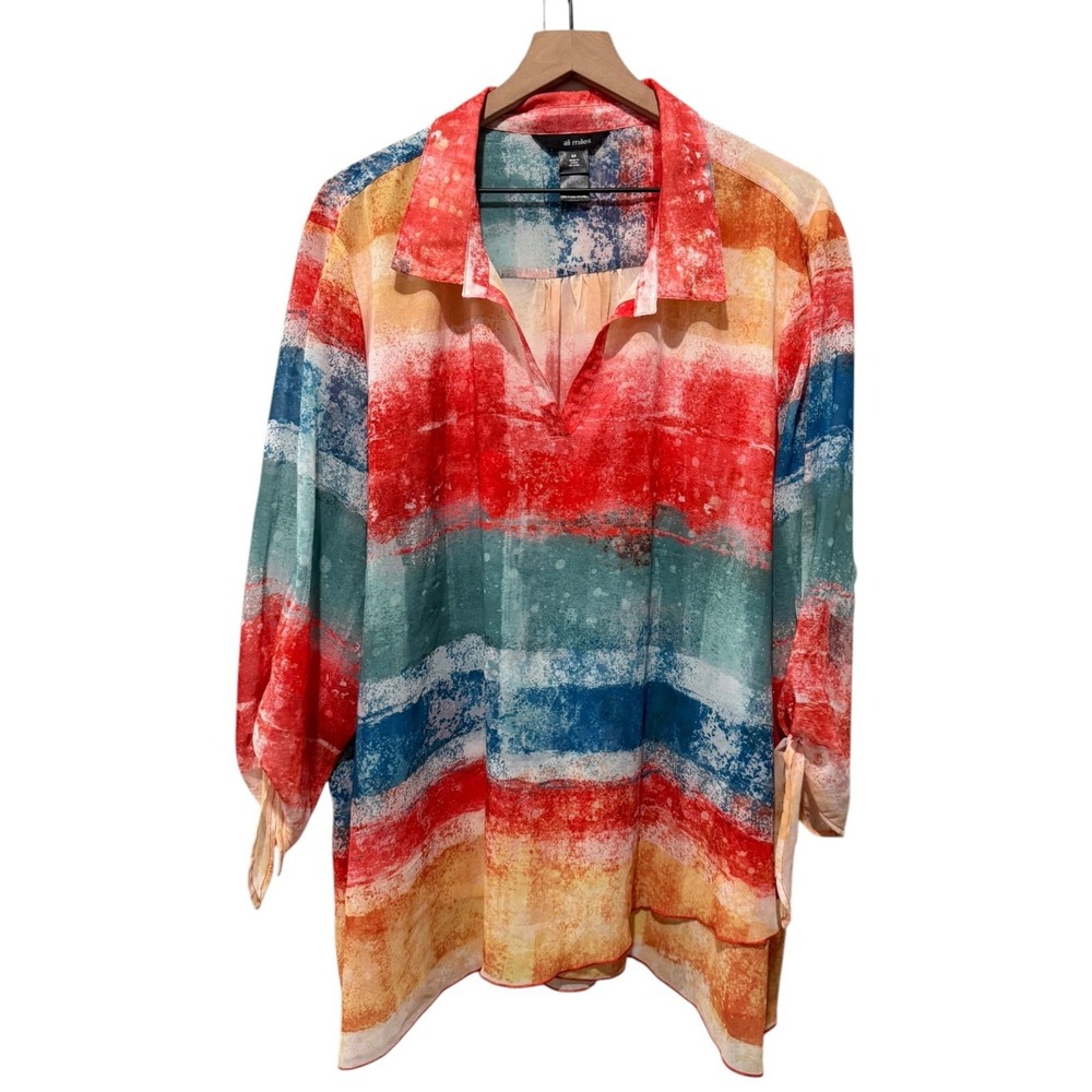 Ali Miles Artsy Abstract Colorful Lagenlook Tunic Top Women Plus 3X 3/4 Sleeve